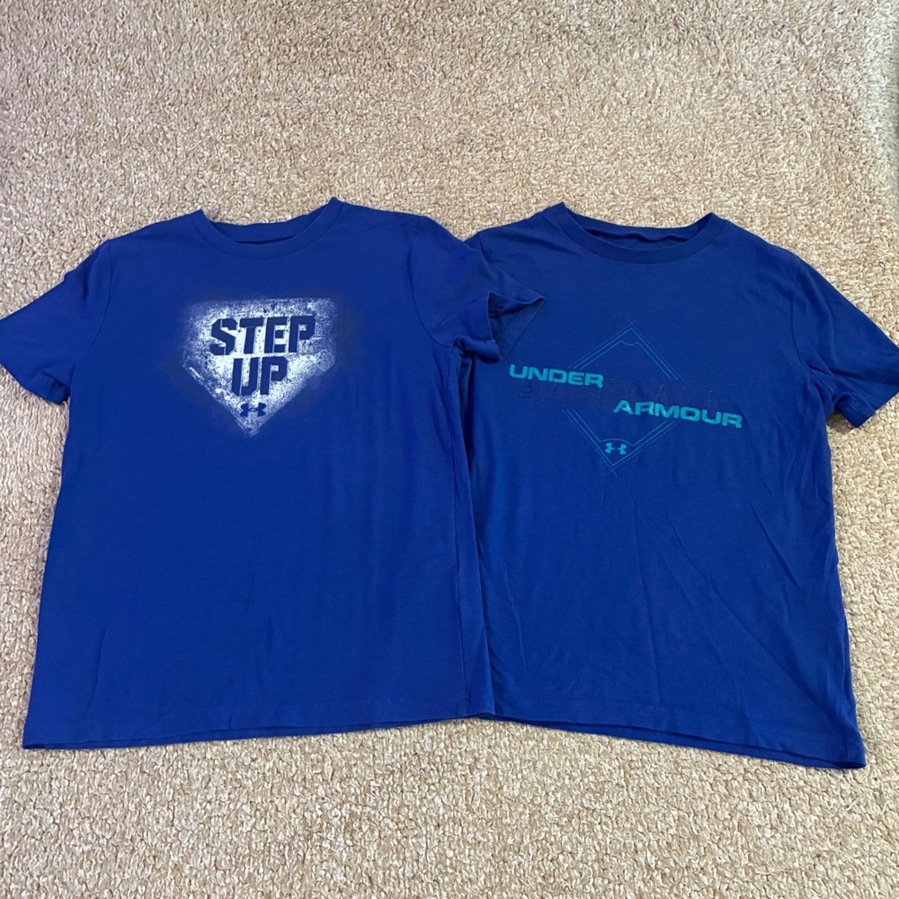 Under Armour Boys Blue Baseball HeatGear Graphic T-Shirt Lot 2 Size Youth Small